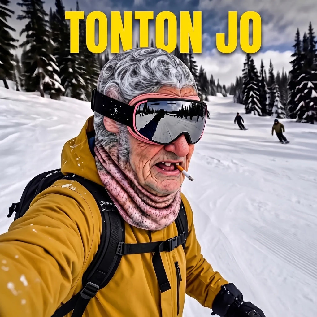 Skieur portant le masque de ski rigolo Tonton Jo Yano Mask, cagoule imprimée vieux monsieur aux cheveux gris bouclés avec cigarette, lunettes de ski sur une piste enneigée